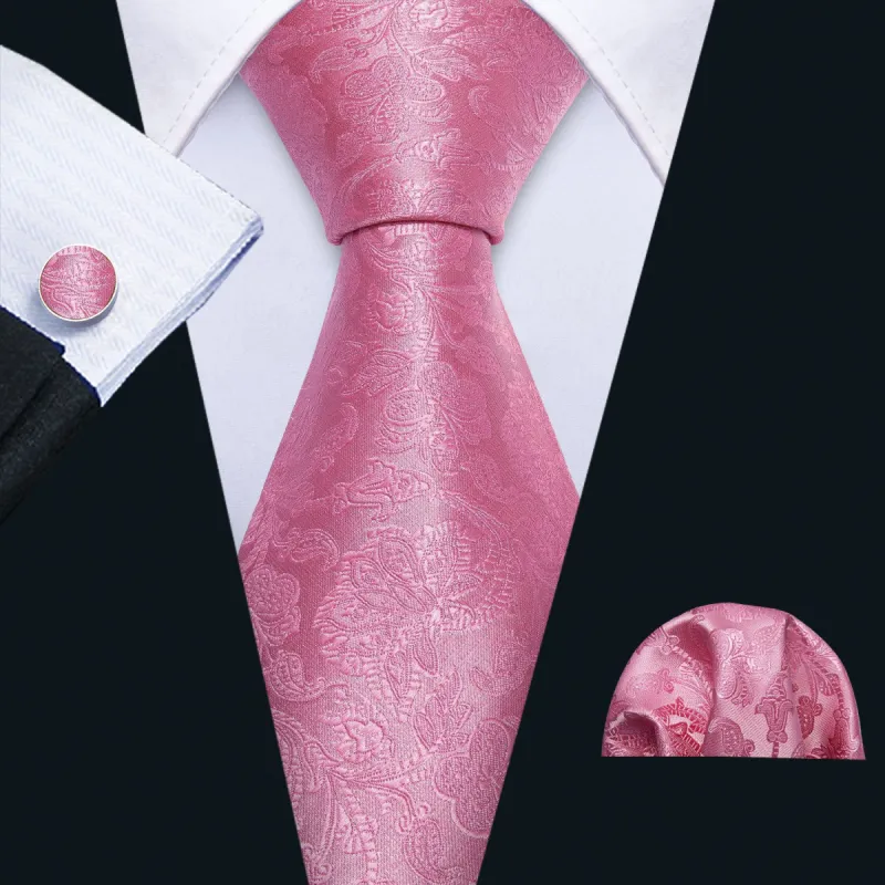 Barry Wang Ties Warm Pink Floral Silk Mens Necktie Hanky Cufflinks Set sold by Barrywang