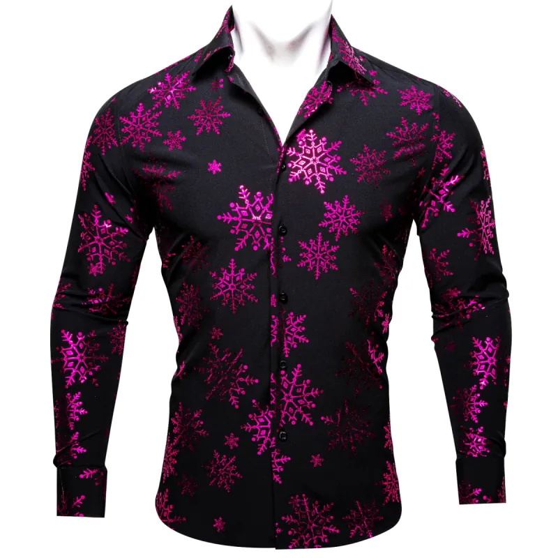 Barry.wang Christmas Black Rose Red Snowflake Floral Silk Shirt sold by Barrywang