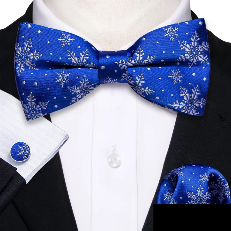 Barry Wang Christmas Blue White Snowflake Silk Pre-tied Bow Tie Hanky Cufflinks Set made by Barrywang