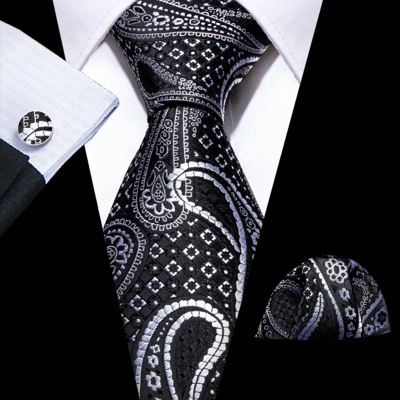 Barry Wang Black Silver Paisley Silk Tie Pocket Square Cufflinks Set sold by Barrywang