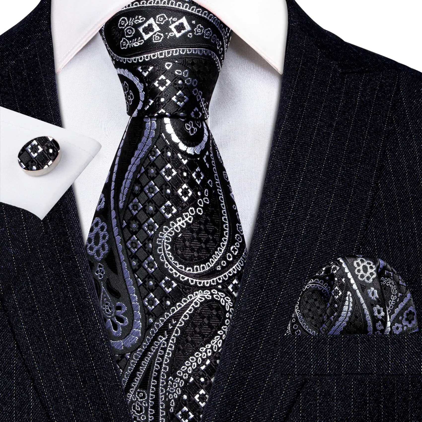 Barry Wang Black Silver Paisley Silk Tie Pocket Square Cufflinks Set sold by Barrywang product image thumbnail 5