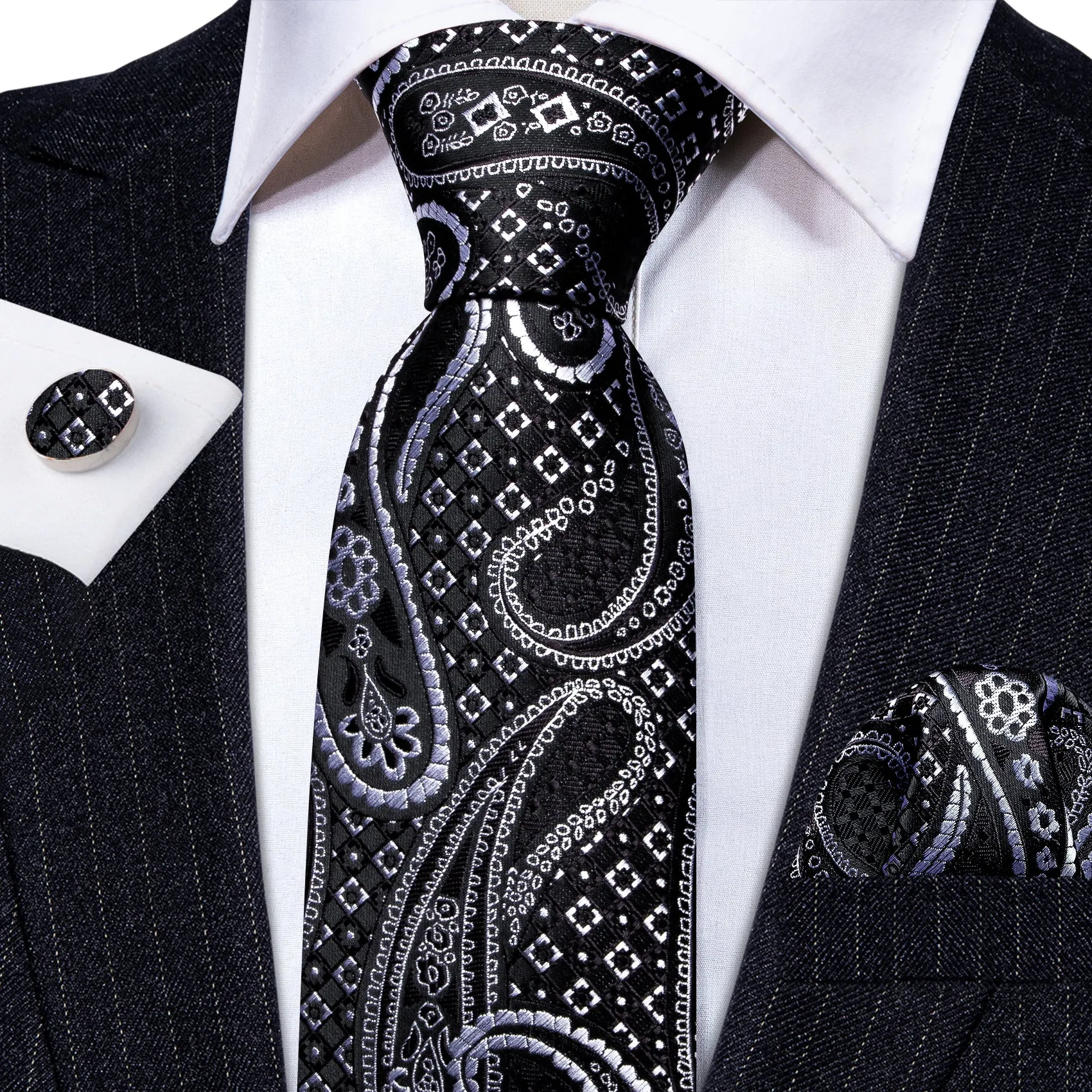Barry Wang Black Silver Paisley Silk Tie Pocket Square Cufflinks Set sold by Barrywang product image thumbnail 2
