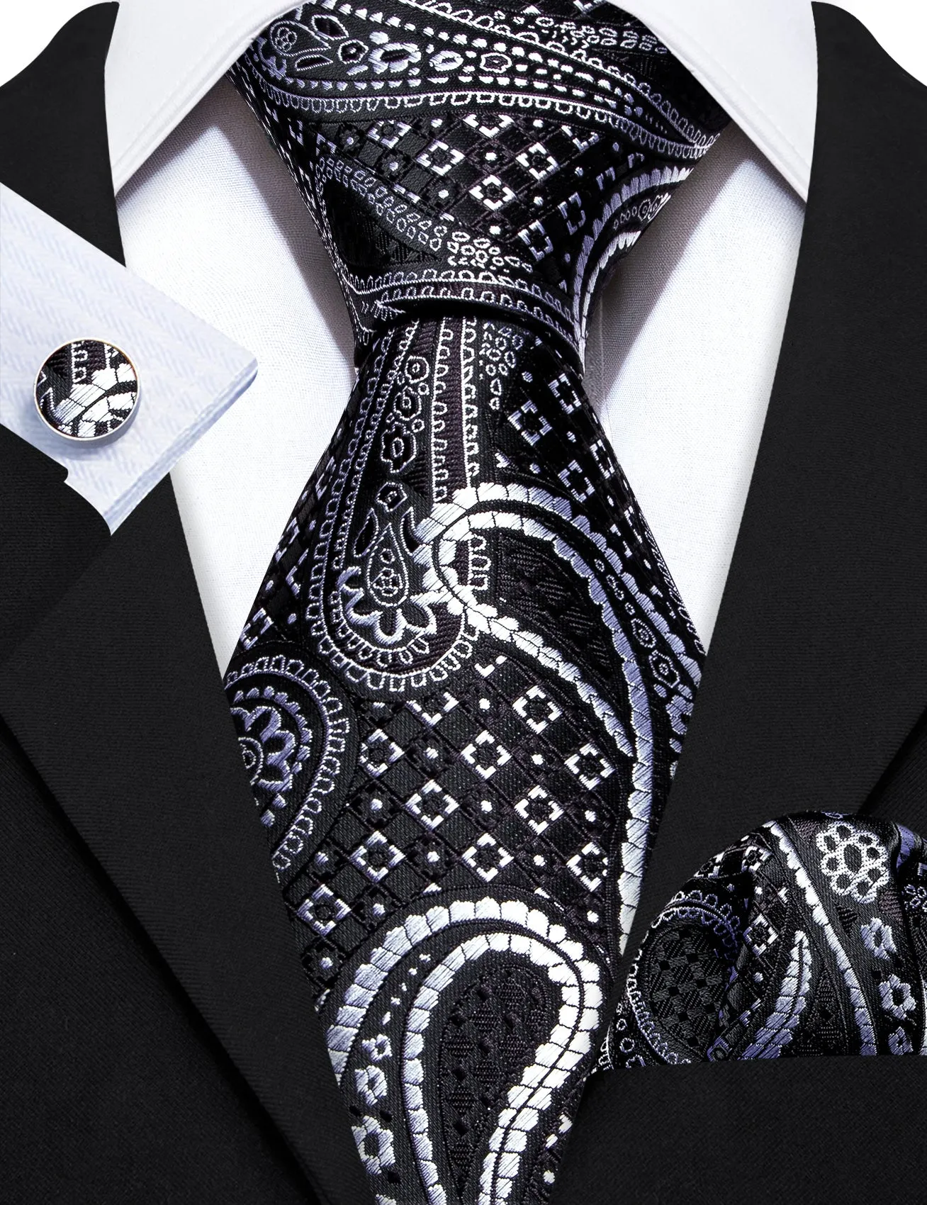 Barry Wang Black Silver Paisley Silk Tie Pocket Square Cufflinks Set sold by Barrywang product image thumbnail 3