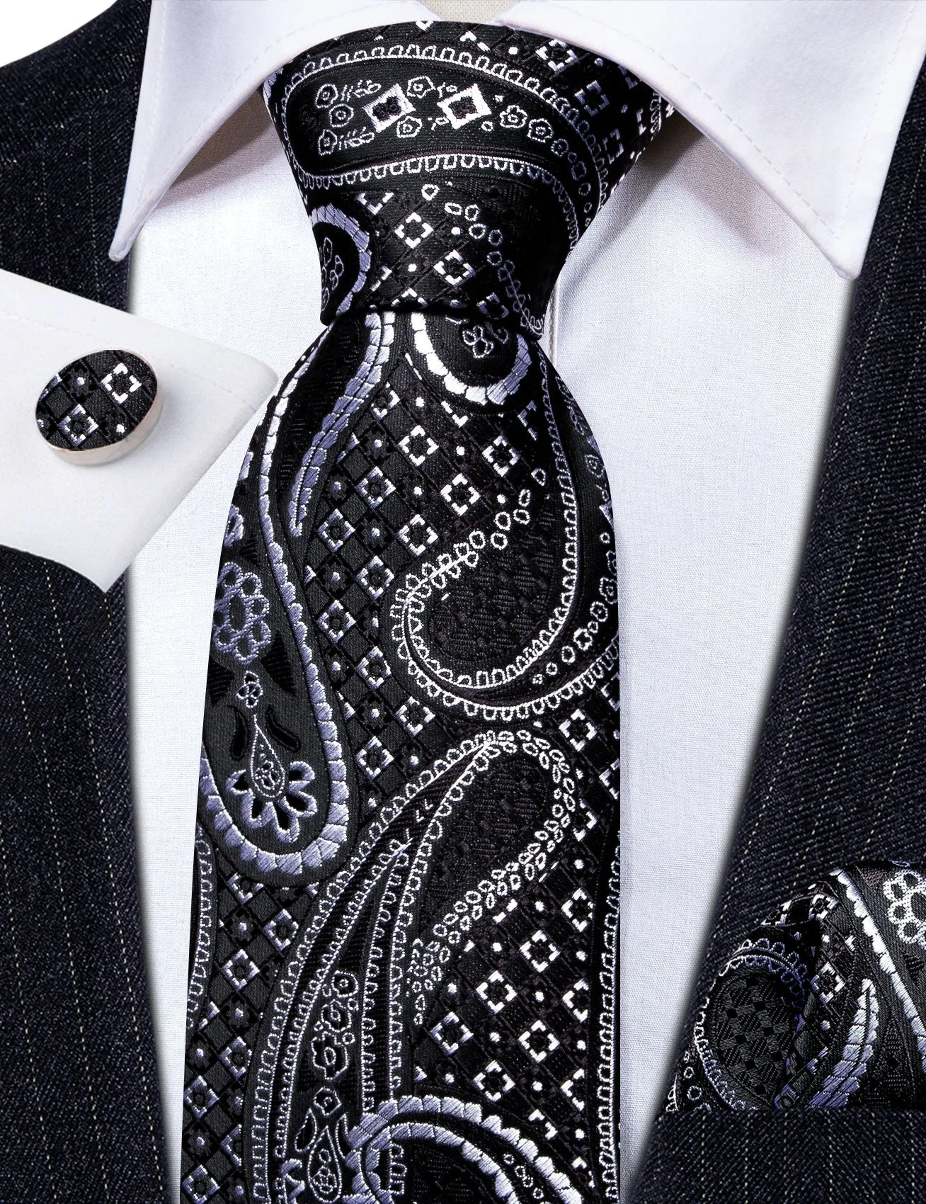 Barry Wang Black Silver Paisley Silk Tie Pocket Square Cufflinks Set sold by Barrywang product image thumbnail 4