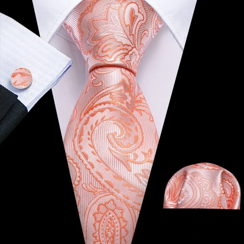 Barry. Wang Pink Orange Paisley Silk Tie Handkerchief Cufflinks Set sold by Barrywang
