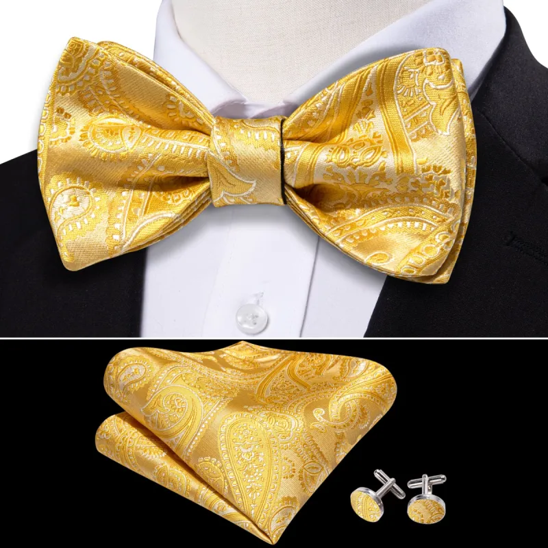 Barry Wang Men's Gold Bowtie Silk Paisley Bow Tie Hanky Cufflinks Set sold by Barrywang