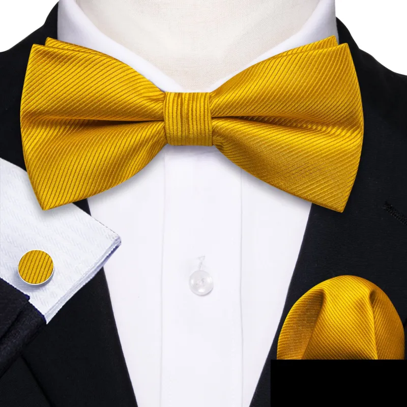 Barry Wang Yellow Tie Amber Solid Pre-tied Bow Tie Hanky Cufflinks Set sold by Barrywang