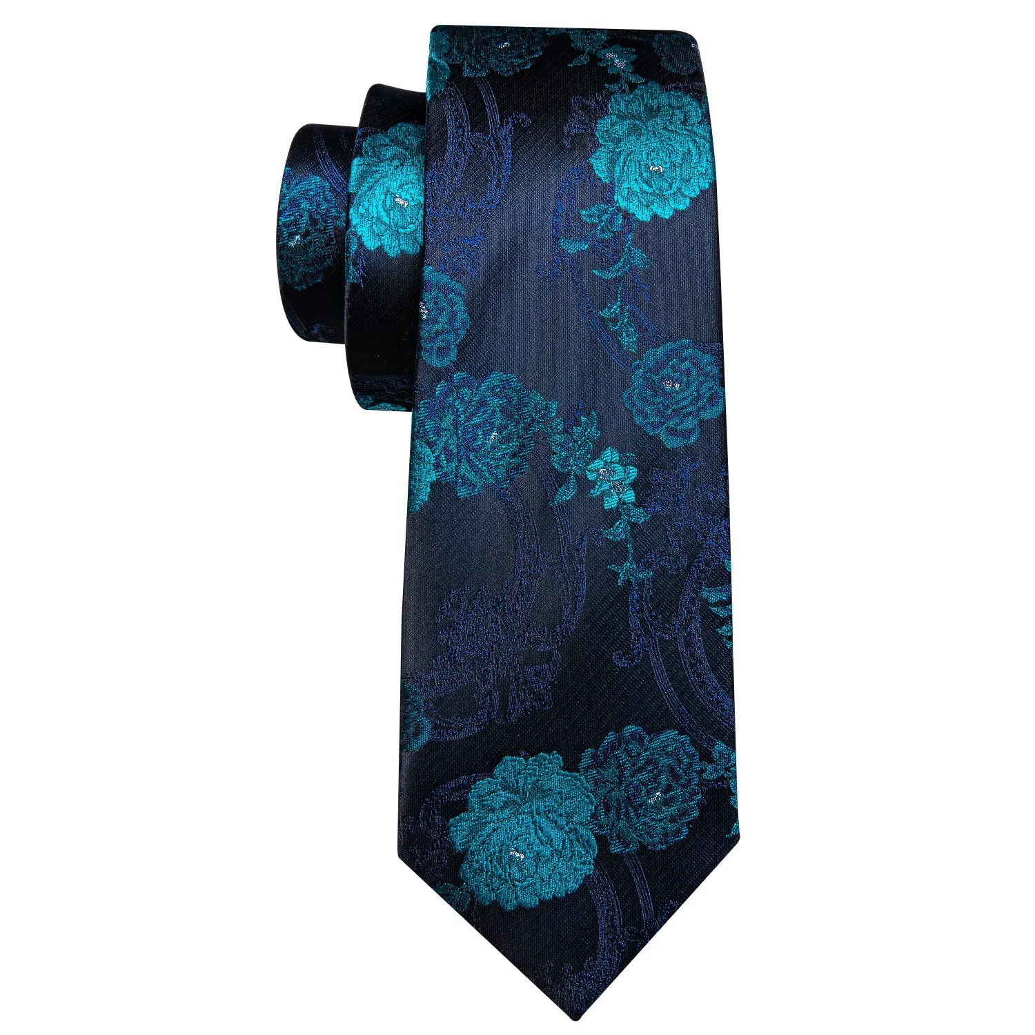 Barry Wang Black Blue Floral Black Silk Tie Pocket Square Cufflinks Set sold by Barrywang product image thumbnail 5