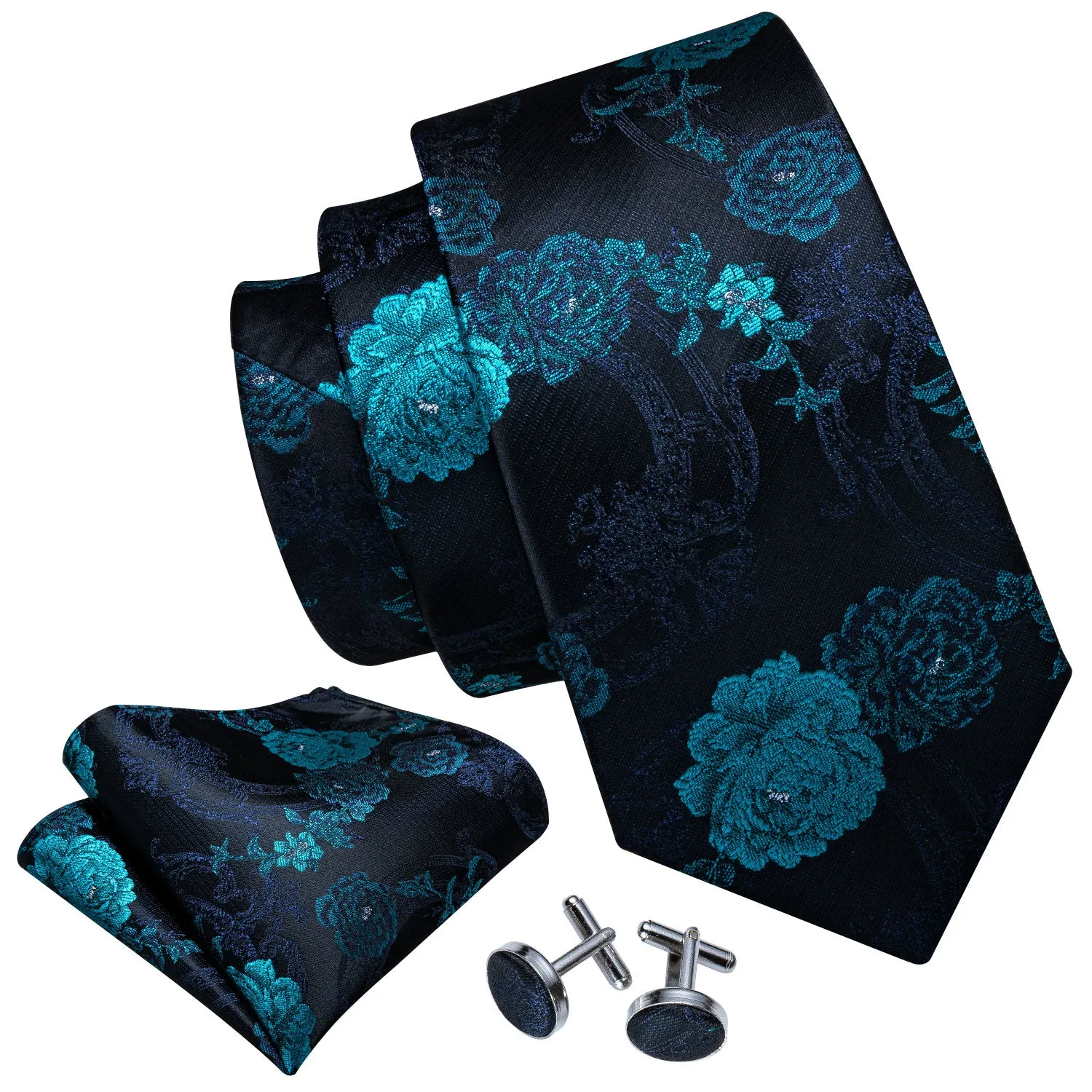 Barry Wang Black Blue Floral Black Silk Tie Pocket Square Cufflinks Set sold by Barrywang product image thumbnail 3