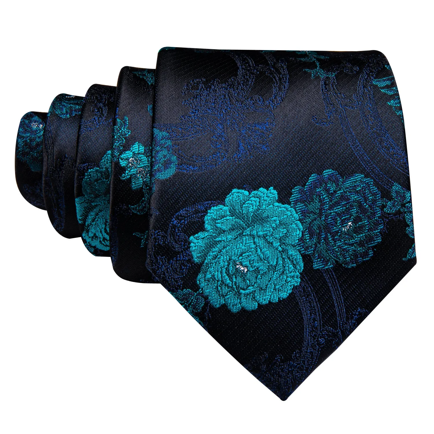 Barry Wang Black Blue Floral Black Silk Tie Pocket Square Cufflinks Set sold by Barrywang product image thumbnail 4