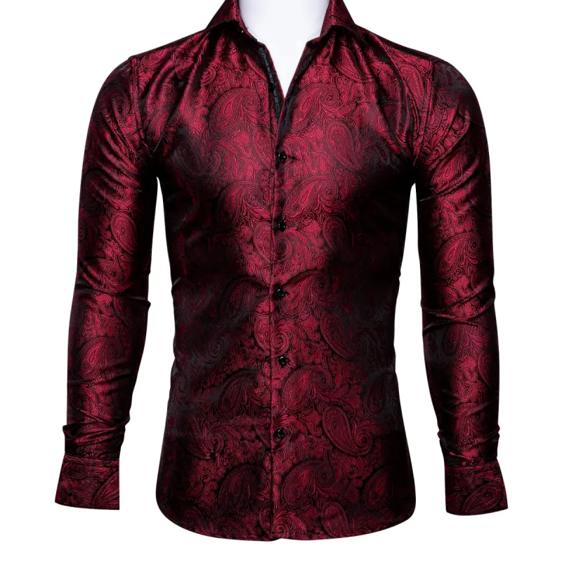 Barry Wang Red Paisley Men's Shirts Novelty Dark Red Dress Shirt sold by Barrywang