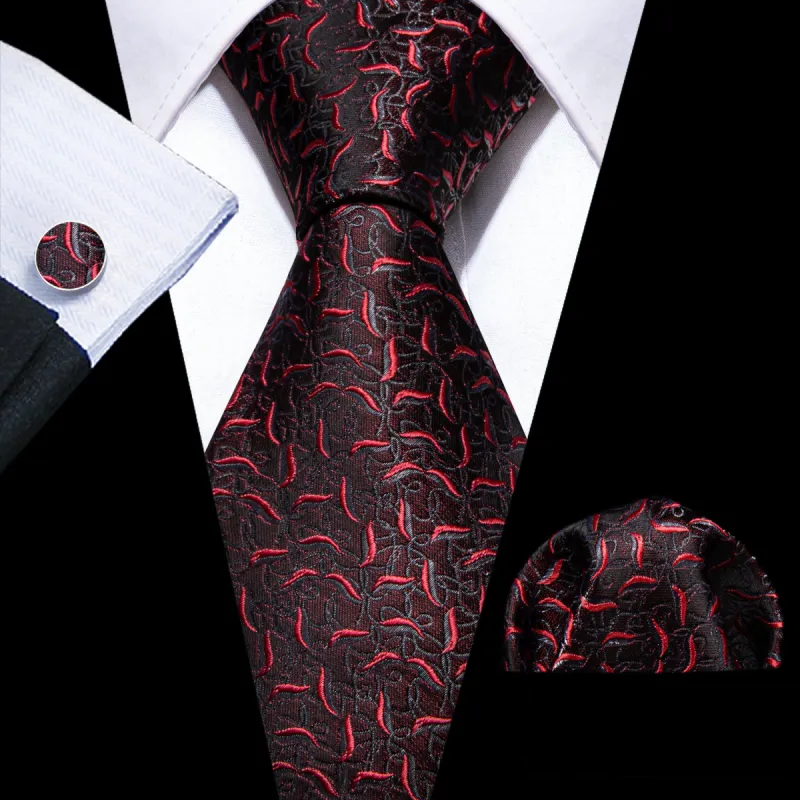 Barry Wang Necktie Black Red Floral Silk Tie Handkerchief Cufflink Set sold by Barrywang