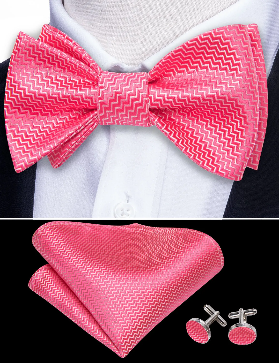 Shock Pink Striped Silk Bow Tie Hanky Cufflinks Set sold by Barrywang product image thumbnail 2