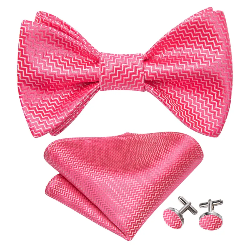 Shock Pink Striped Silk Bow Tie Hanky Cufflinks Set sold by Barrywang