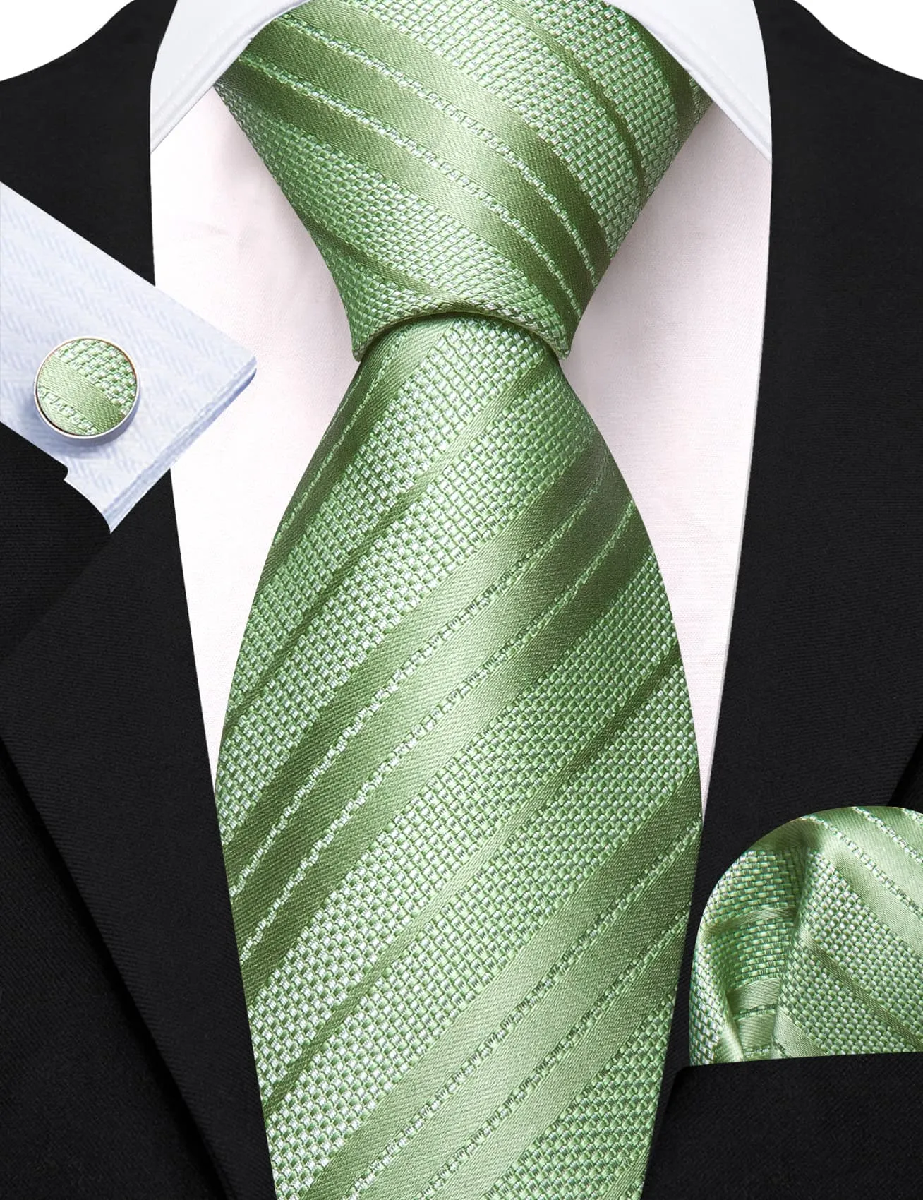 Barry. Wang Auqamarin Green Striped Men's Tie Handkerchief Pocket Set sold by Barrywang product image thumbnail 5