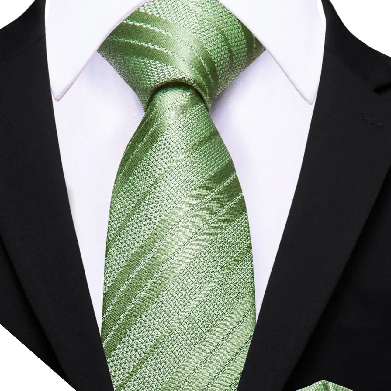 Barry. Wang Auqamarin Green Striped Men's Tie Handkerchief Pocket Set sold by Barrywang product image thumbnail 2