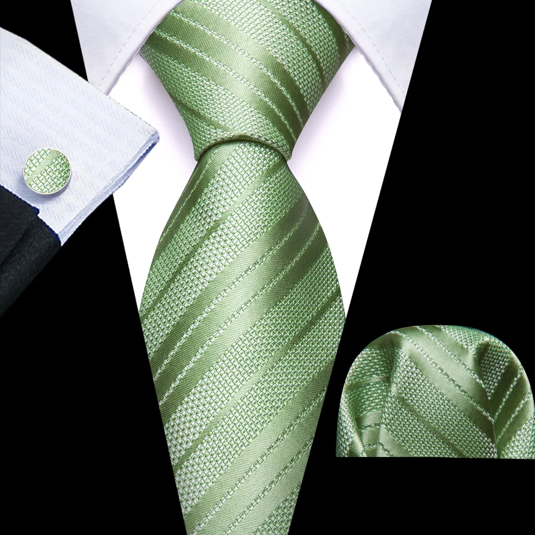 Barry. Wang Auqamarin Green Striped Men's Tie Handkerchief Pocket Set sold by Barrywang