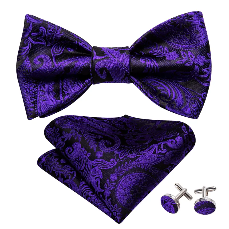 Purple Black Paisley Silk Bow Tie Hanky Cufflinks Set sold by Barrywang