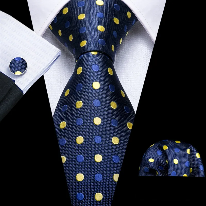 Barry Wang Blue Yellow Polka Dot Necktie Pocket Square Cufflinks Set sold by Barrywang