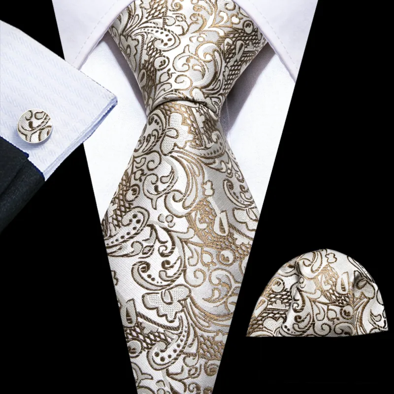 Gold White Paisley Silk Tie Handkerchief Cufflinks Set sold by Barrywang
