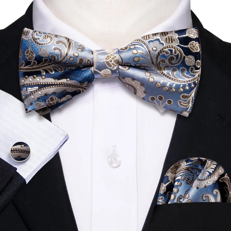 Barry Wang Blue Silver Paisley Pre-tied Bow Tie Hanky Cufflinks Set sold by Barrywang