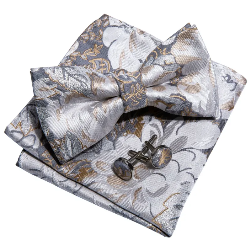 Barry. Wang Golden White Floral Pre-tied Bow Tie Hanky Cufflinks Set sold by Barrywang