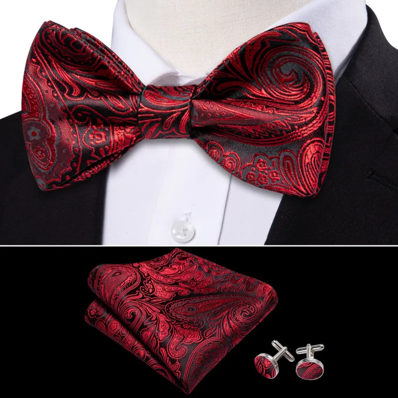 Barry Wang Black Red Paisley Self Tie Silk Bow Tie Hanky Cufflinks Set sold by Barrywang