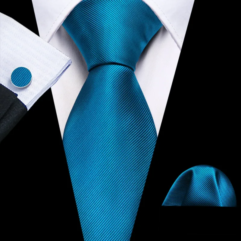 Barry. Wang Deep Sky Blue Solid Silk Necktie Handkerchief Cufflinks Set sold by Barrywang