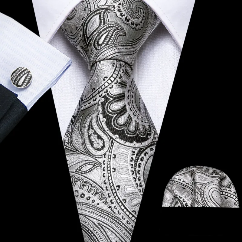 Barry. Wang White Tie Black Jacquard Paisley Tie Hanky Cufflinks Set sold by Barrywang