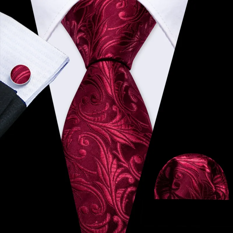 Barry Wang Men's Dark Red Tie Paisley Silk Necktie Hanky Cufflinks Set sold by Barrywang