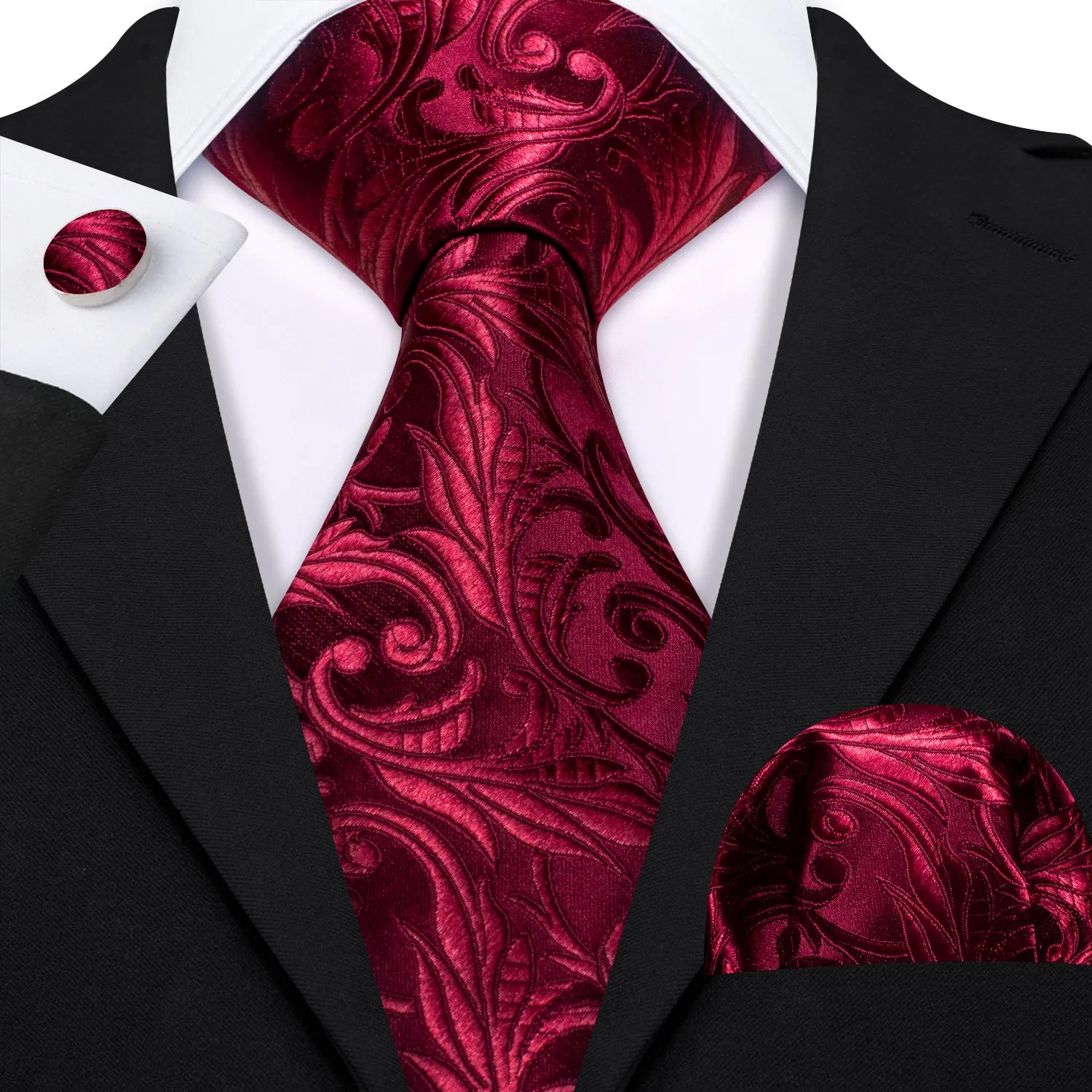 Barry Wang Men's Dark Red Tie Paisley Silk Necktie Hanky Cufflinks Set sold by Barrywang product image thumbnail 2