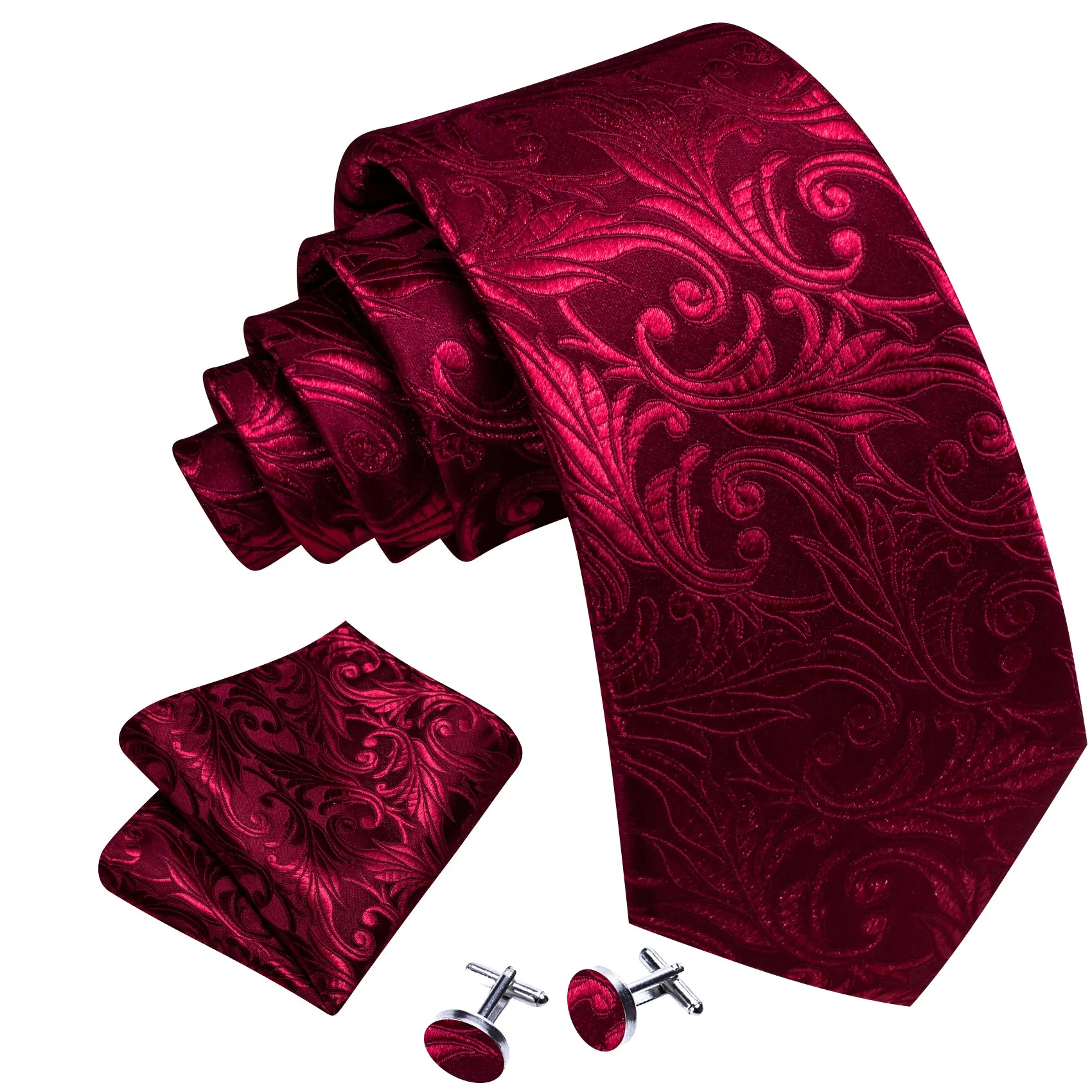 Barry Wang Men's Dark Red Tie Paisley Silk Necktie Hanky Cufflinks Set sold by Barrywang product image thumbnail 3