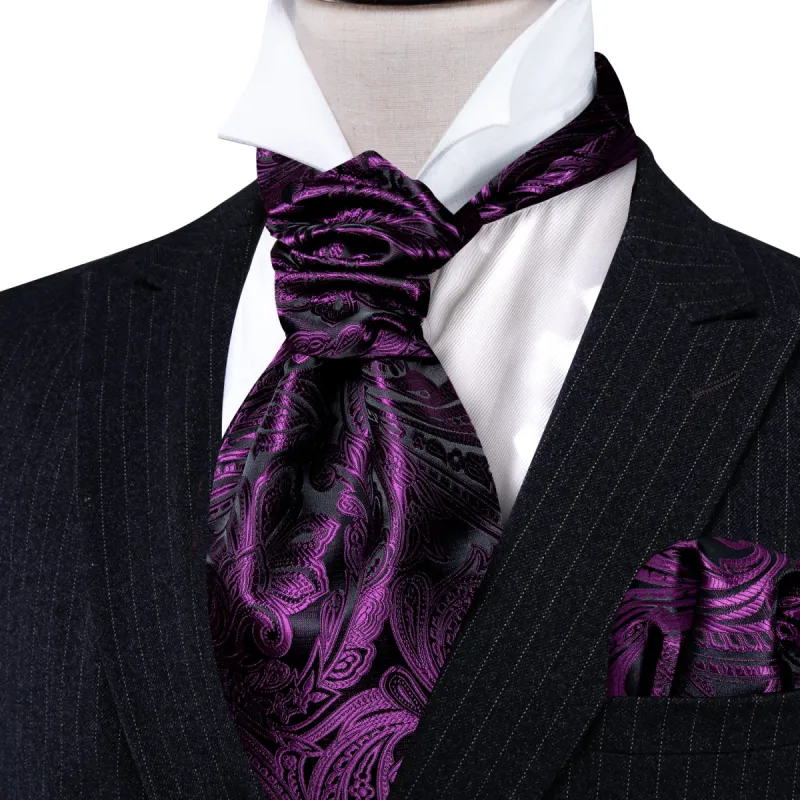 Purple Black Silk Paisley Ascot Handkerchief Cufflinks Set sold by Barrywang