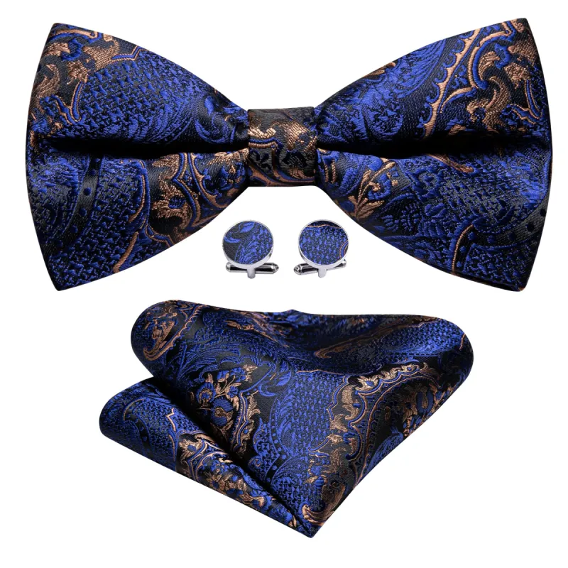 Barry.wang Blue Tie Gold Paisley Pre-tied Bow Tie Hanky Cufflinks Set sold by Barrywang