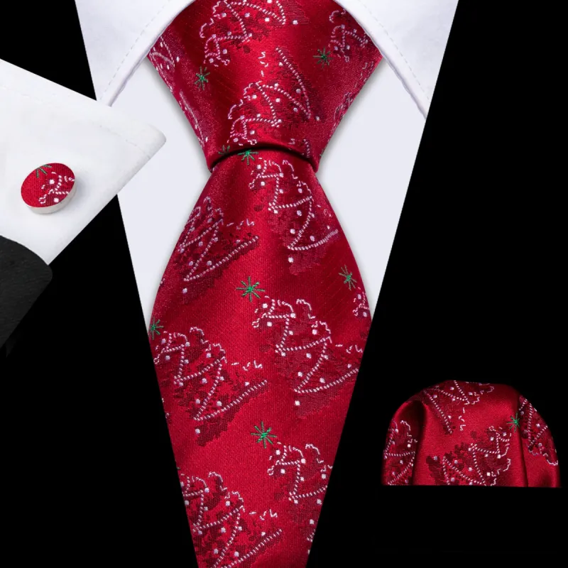 Barry.Wang Red Tie Christmas Xmas Tree Men's Silk Tie Hanky Cufflinks Set sold by Barrywang