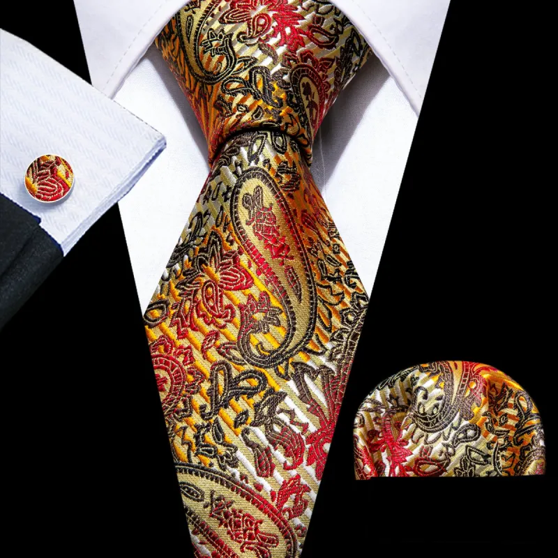 Barry Wang Colorful Gold Black Paisley Tie Pocket Square Cufflinks Set sold by Barrywang