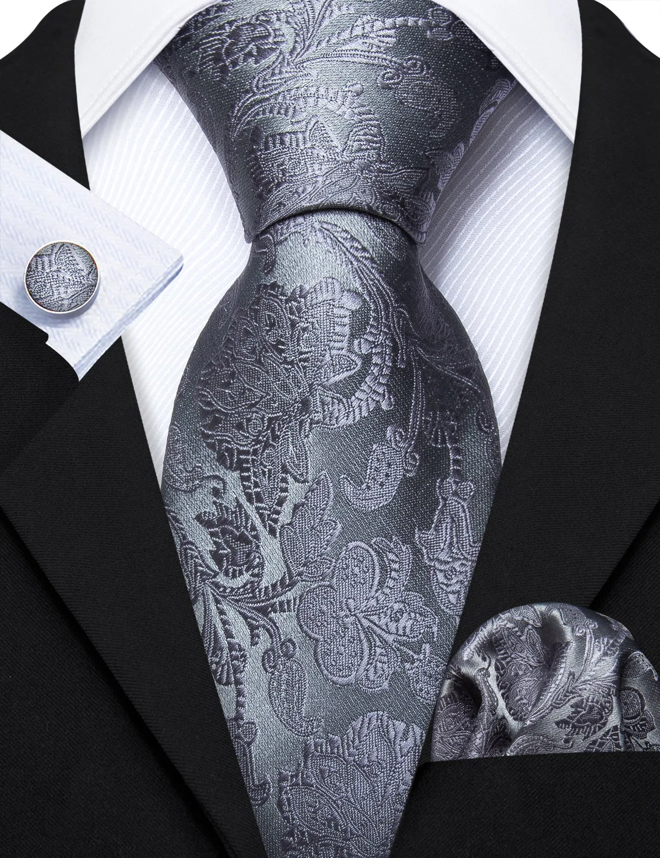 Barry Wang Grey Floral Silk 63 Inches Mens Necktie Hanky Cufflinks Set sold by Barrywang product image thumbnail 2