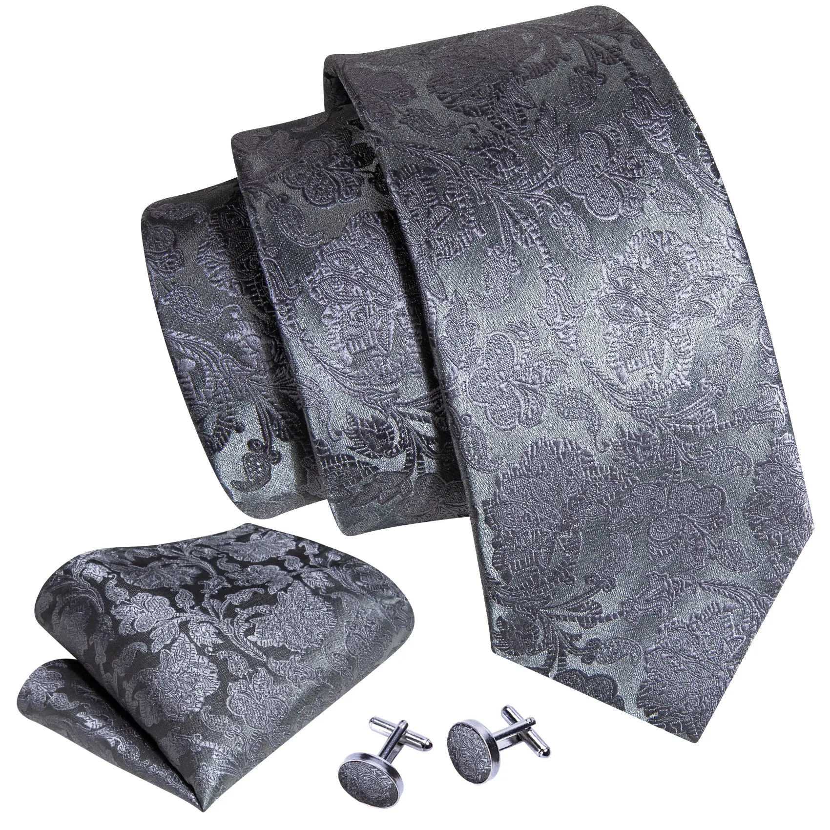 Barry Wang Grey Floral Silk 63 Inches Mens Necktie Hanky Cufflinks Set sold by Barrywang product image thumbnail 3