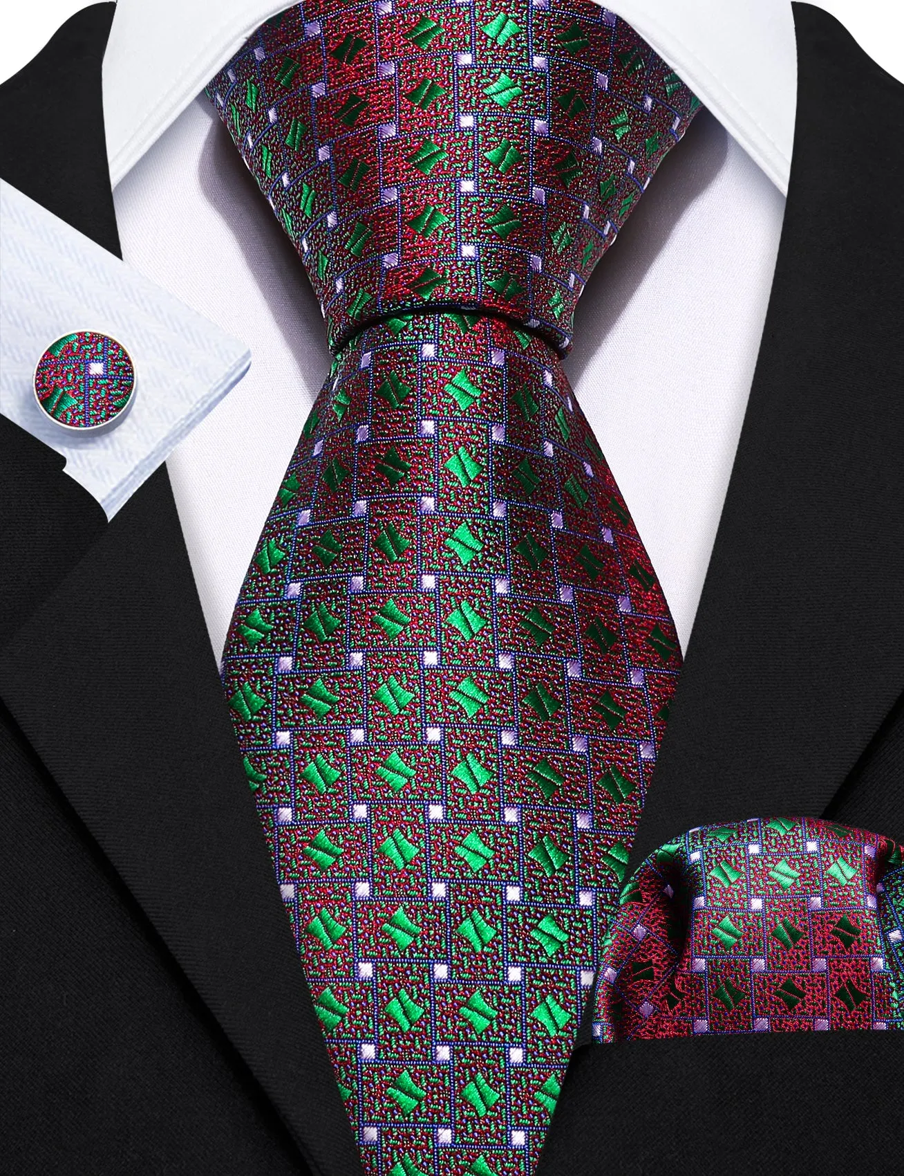 Barry. Wang Novelty Green Red Floral Silk Men's Tie Hanky Cufflinks Set sold by Barrywang product image thumbnail 2