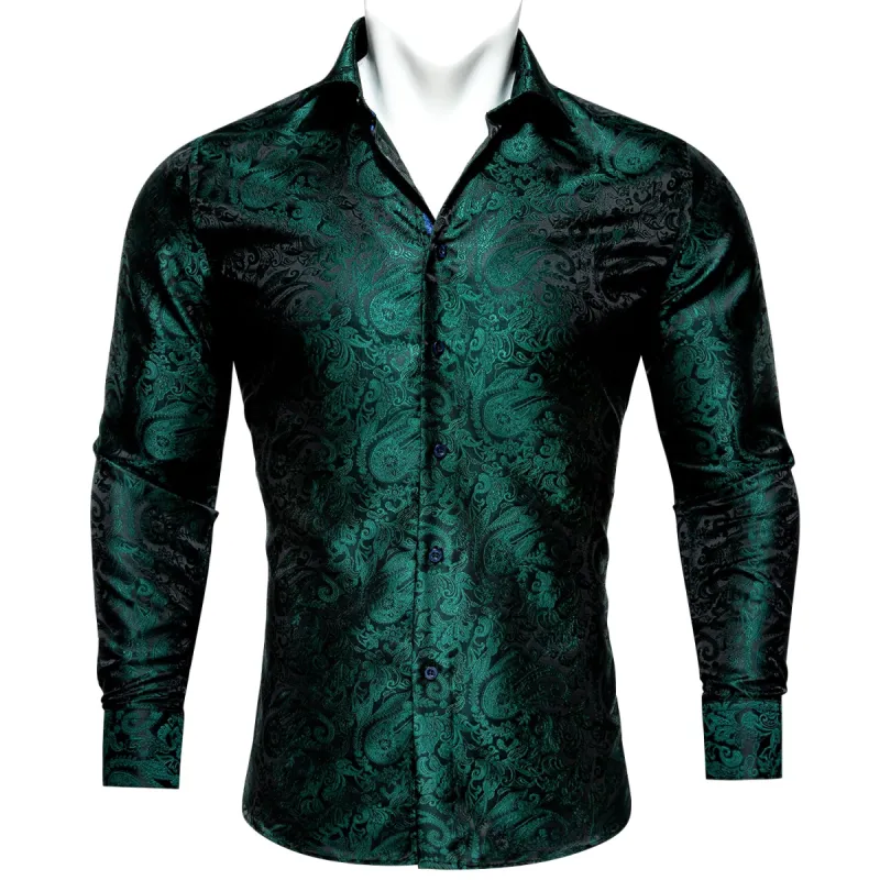 Barry. Wang Button Down Shirt Green Paisley Silk Long Sleeve Shirt for Men sold by Barrywang