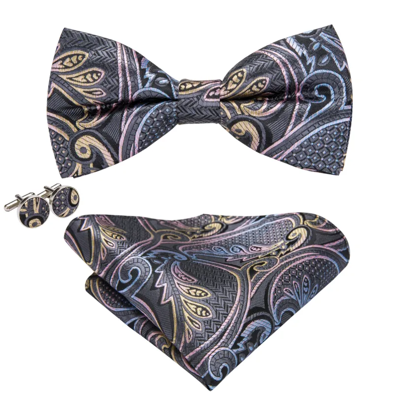 Grey Paisley Pre-tied Bow Tie Hanky Cufflinks Set sold by Barrywang