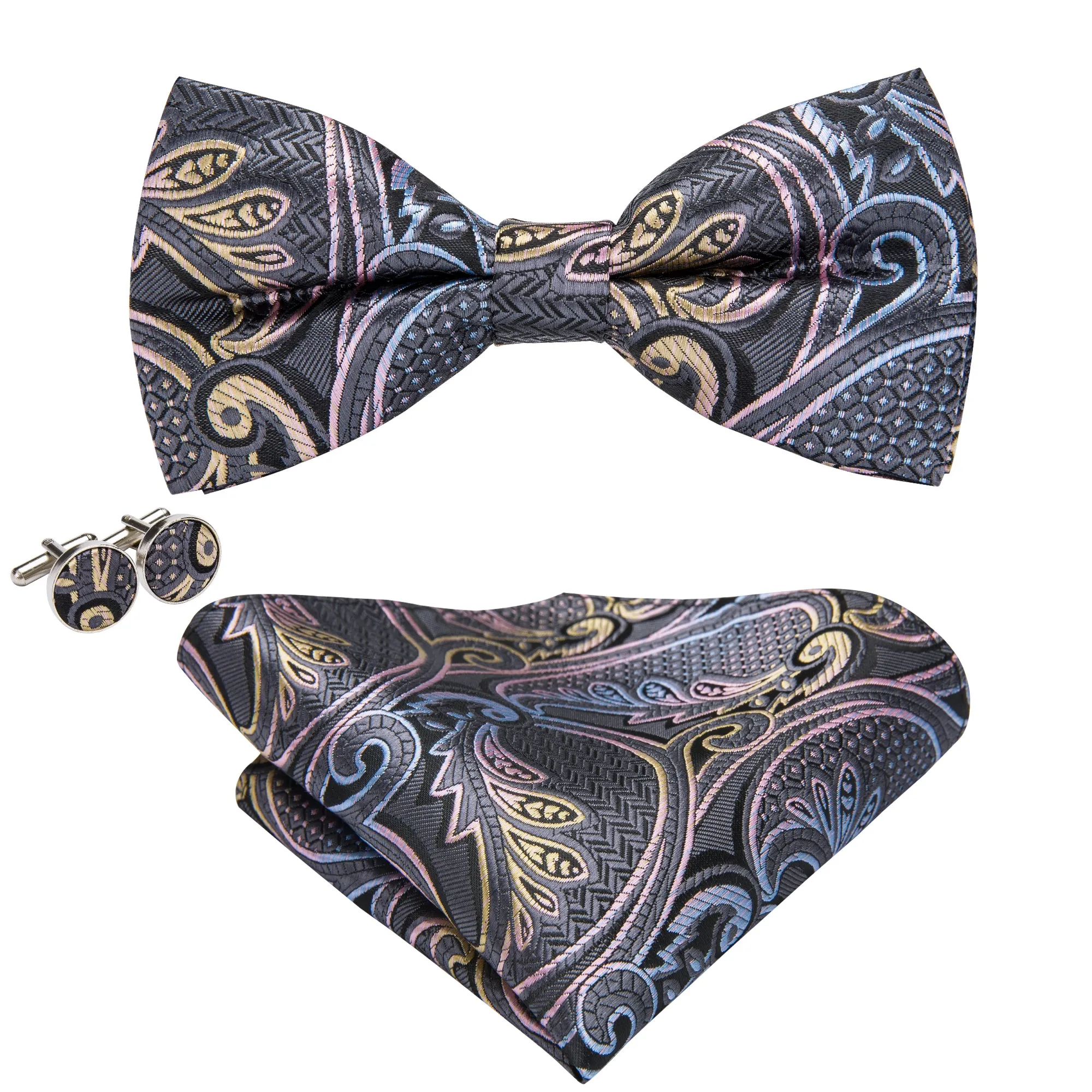 Grey Paisley Pre-tied Bow Tie Hanky Cufflinks Set sold by Barrywang