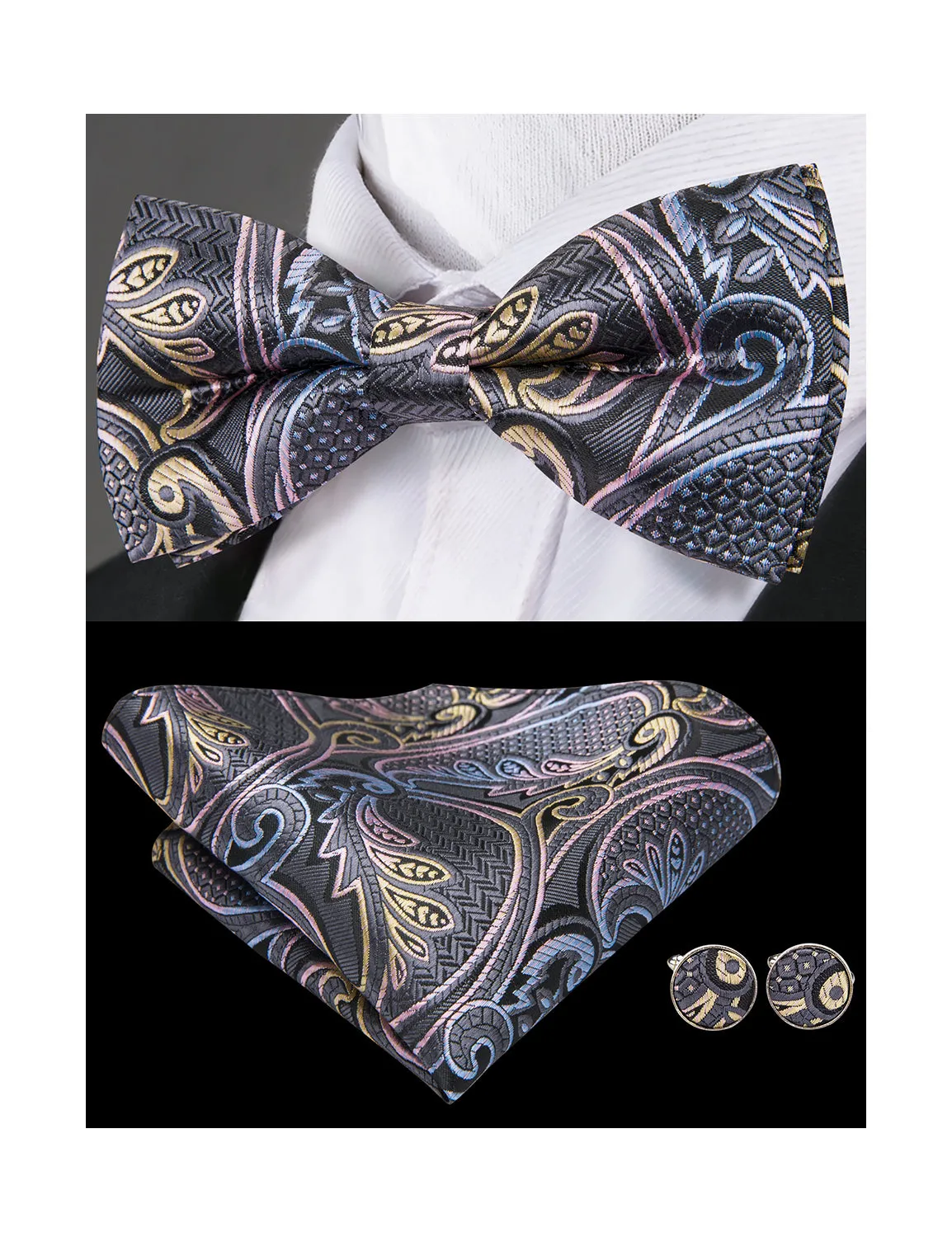 Grey Paisley Pre-tied Bow Tie Hanky Cufflinks Set sold by Barrywang product image thumbnail 3
