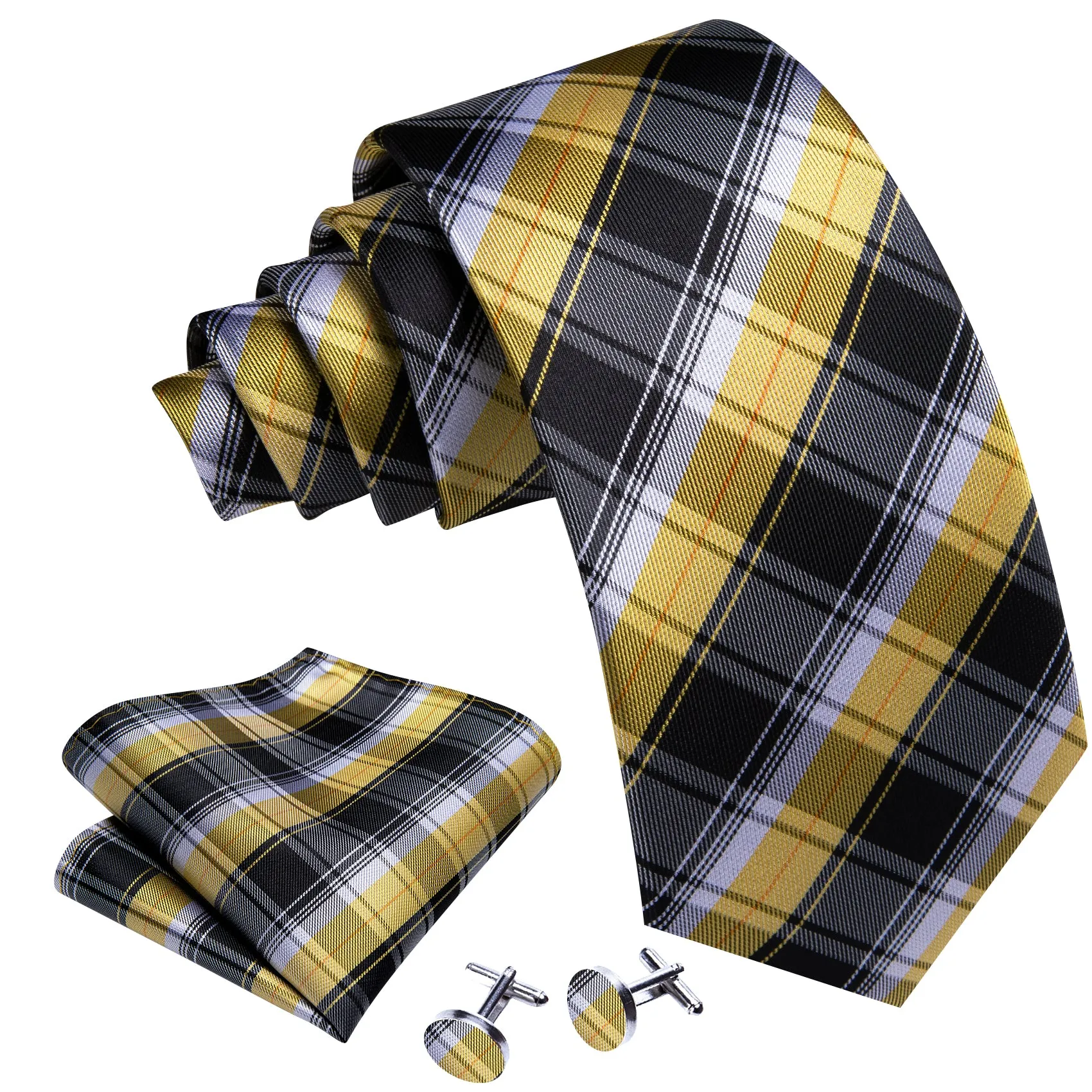 Barry Wang Black Yellow Checkered Silk Tie Handkerchief Cufflinks Set sold by Barrywang product image thumbnail 3