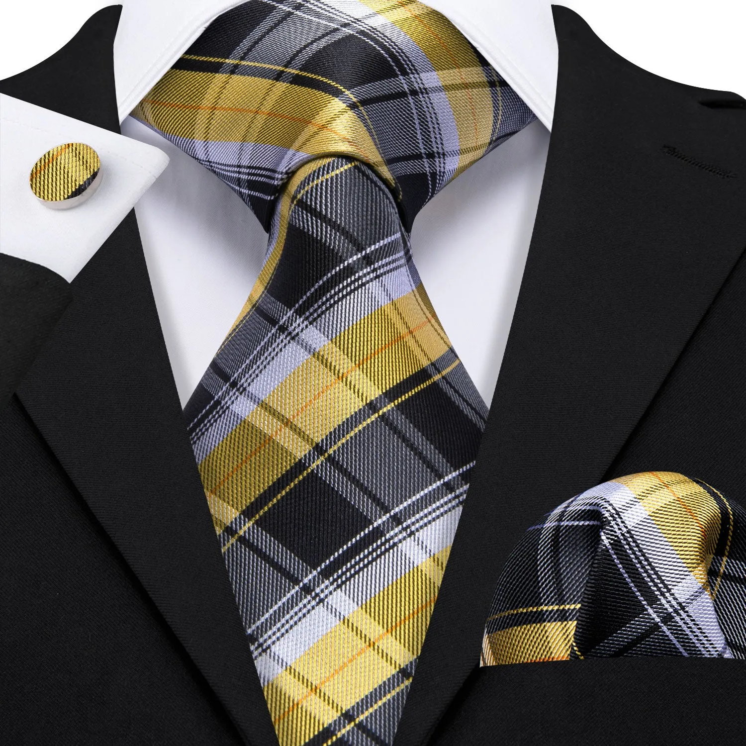 Barry Wang Black Yellow Checkered Silk Tie Handkerchief Cufflinks Set sold by Barrywang product image thumbnail 2