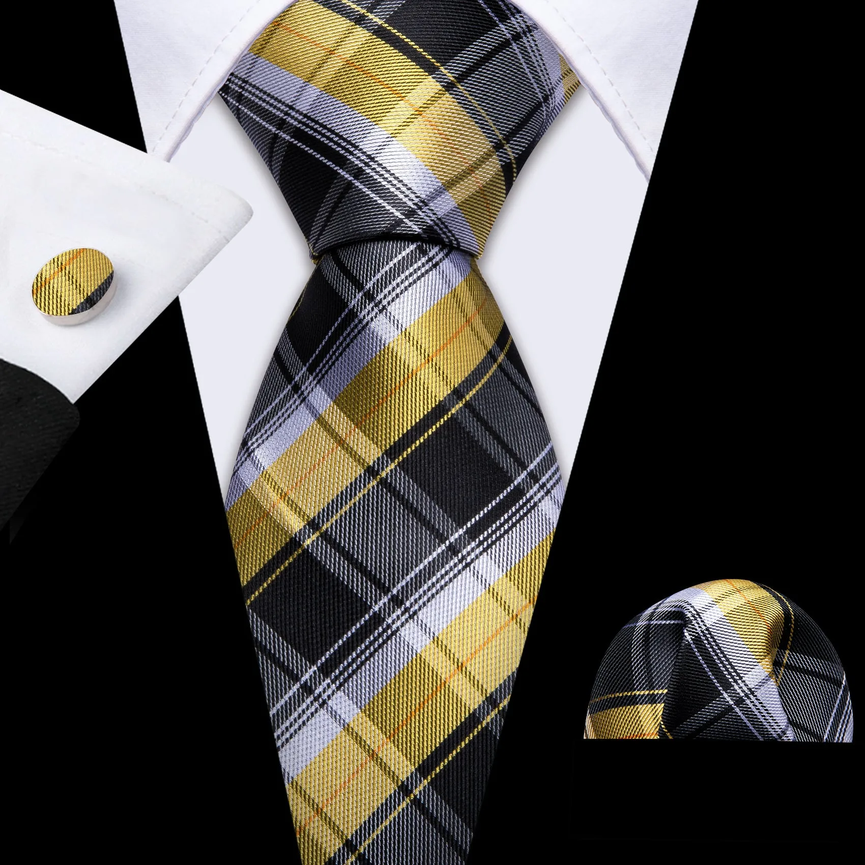 Barry Wang Black Yellow Checkered Silk Tie Handkerchief Cufflinks Set sold by Barrywang