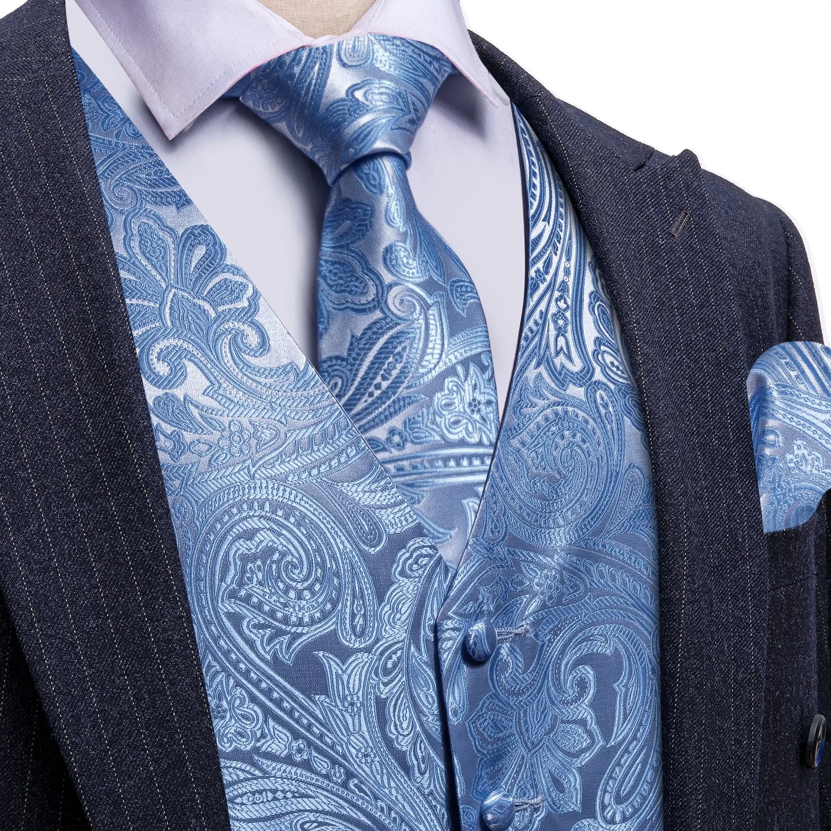 Barry Wang Sky Blue Paisley Wedding Vest V-Neck Silk Suit Waistcoat sold by Barrywang