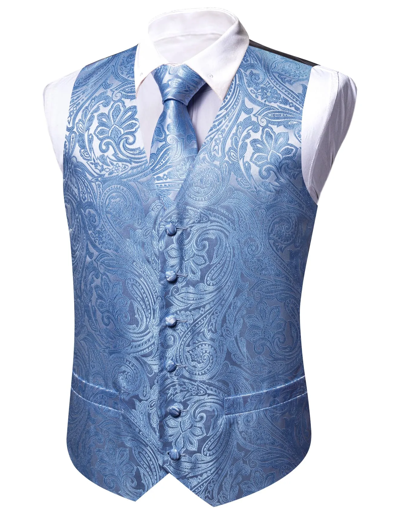 Barry Wang Sky Blue Paisley Wedding Vest V-Neck Silk Suit Waistcoat sold by Barrywang product image thumbnail 5