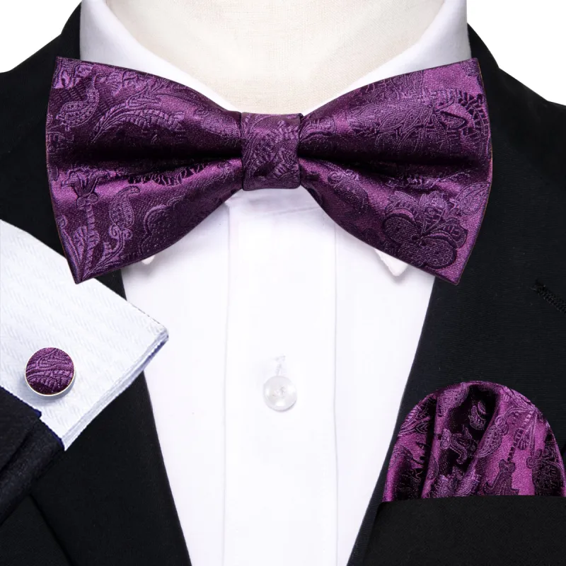 Purple Paisley Pre-tied Bow Tie Hanky Cufflinks Set sold by Barrywang