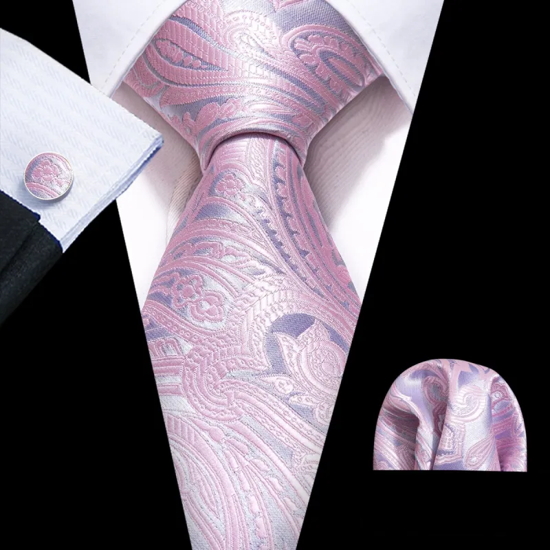Barry Wang Light Pink Ties Silver Paisley Silk Tie Hanky Cufflinks Set sold by Barrywang